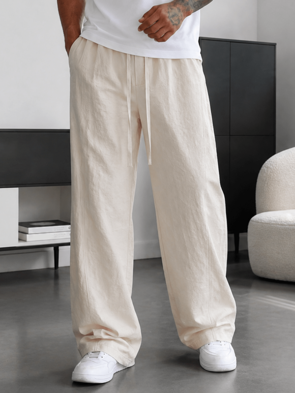 1pc Men's Wide Leg Pants, Apricot Drawstring Casual Trousers, Elastic Waist With Extended Same-Color Drawstring Fits Various Waist Sizes, Smooth Fabric Easy To Clean, Machine Washable, Street Casual Style, Campus Street, Daily Wear