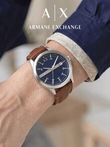 Armani Exchange Hampton 46mm Silver Stainless Steel Men's Watch, Brown Genuine Leather Strap, Blue Plaid Dial, Date Display AX2133 - Silver - View 3