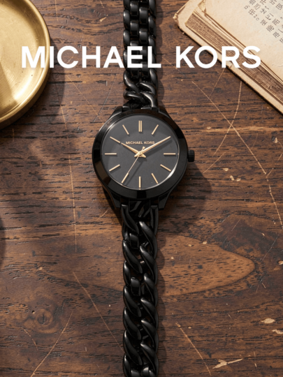 Michael Kors Women's Analog Quartz Watch All-Black Stainless Steel Case Black Dial Gold-Tone Hands Twisted Chain Link Bracelet Modern Minimalist Accessory