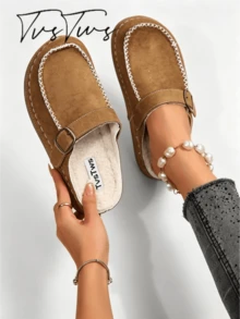 Women's New Winter Boken Ultra-Light Fleece Lined Half-Slip Thick Sole Loafers, Casual Retro Forest Punk Style, Essential For Dating And Vacation - Brown - View 2