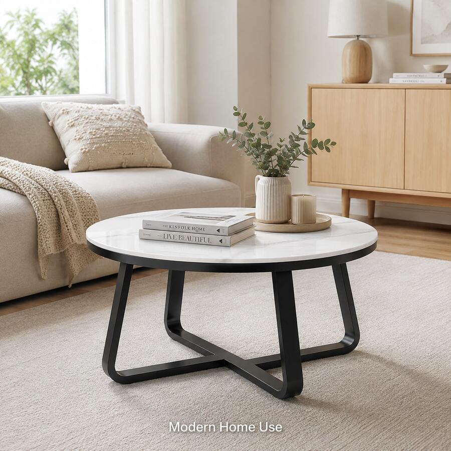 Round Marble Coffee Table, Small Lounge Table With Metal Frame For Home Office, 60x60x40cm, Random Color Sent - Multicolor - View 1