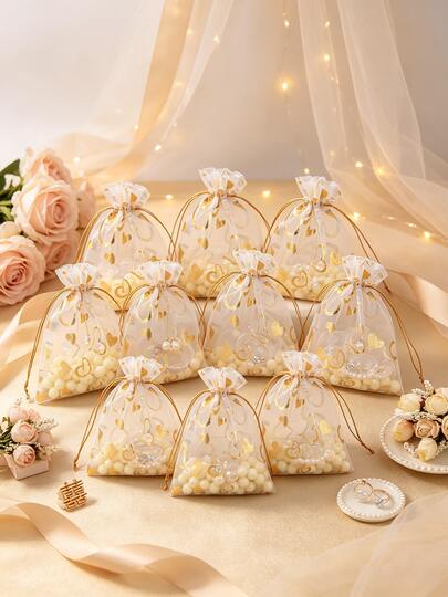 Gold Heart Print Organza Gift Bag, Drawstring Organza Bag, Transparent Mesh Jewelry Storage Bag, Wedding Favor, Bridal Gift, Party Decoration, Small Jewelry Storage Bag, Valentine's Day, Wedding Party, Holiday Gift Packaging, Guest Souvenir