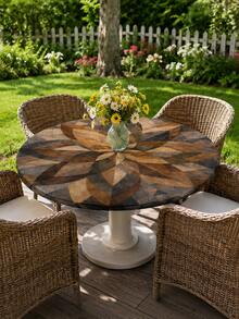 1pc Rectangular Elastic Tablecloth, Faux Wood Grain Geometric Floral Print Fitted Stretch Table Cover, Rustic Farmhouse Style Kitchen, Patio, Picnic And Outdoor Dining Table Decor - C - View 5