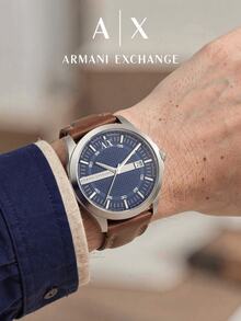 Armani Exchange Hampton 46mm Silver Stainless Steel Men's Watch, Brown Genuine Leather Strap, Blue Plaid Dial, Date Display AX2133 - Silver - View 6