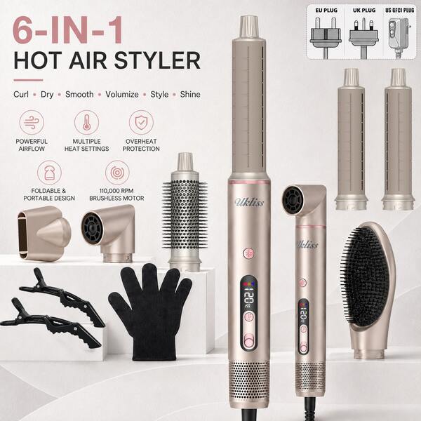 UKLISS High-Speed 6-In-1 Hot Air Brush Hair Dryer Set, Automatic Suction Curling Iron | 110K RPM High-Speed Brushless Motor | 200M Negative Ions (Anti-Static/Anti-Frizz) | Multiple Styling (Curling/Wavy/Straight/Smooth/Root Volume/Inward Curl/Outward Curl/Air Bangs) | Long-Lasting Hold | Suitable For All Hair Types | (Home/Daily/Commute/Travel/Date/Party/Wedding/Hair Salon/SPA/Business Events/Holiday Gatherings)