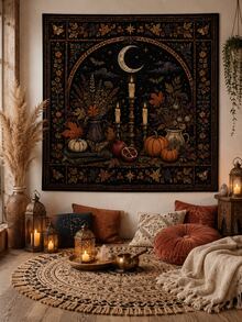1pc-Halloween Vintage Gothic Polyester Tapestry, Pumpkin Ghost Moon Floral Wall Hanging Backdrop For Bedroom Home Party Decor - A - View 14