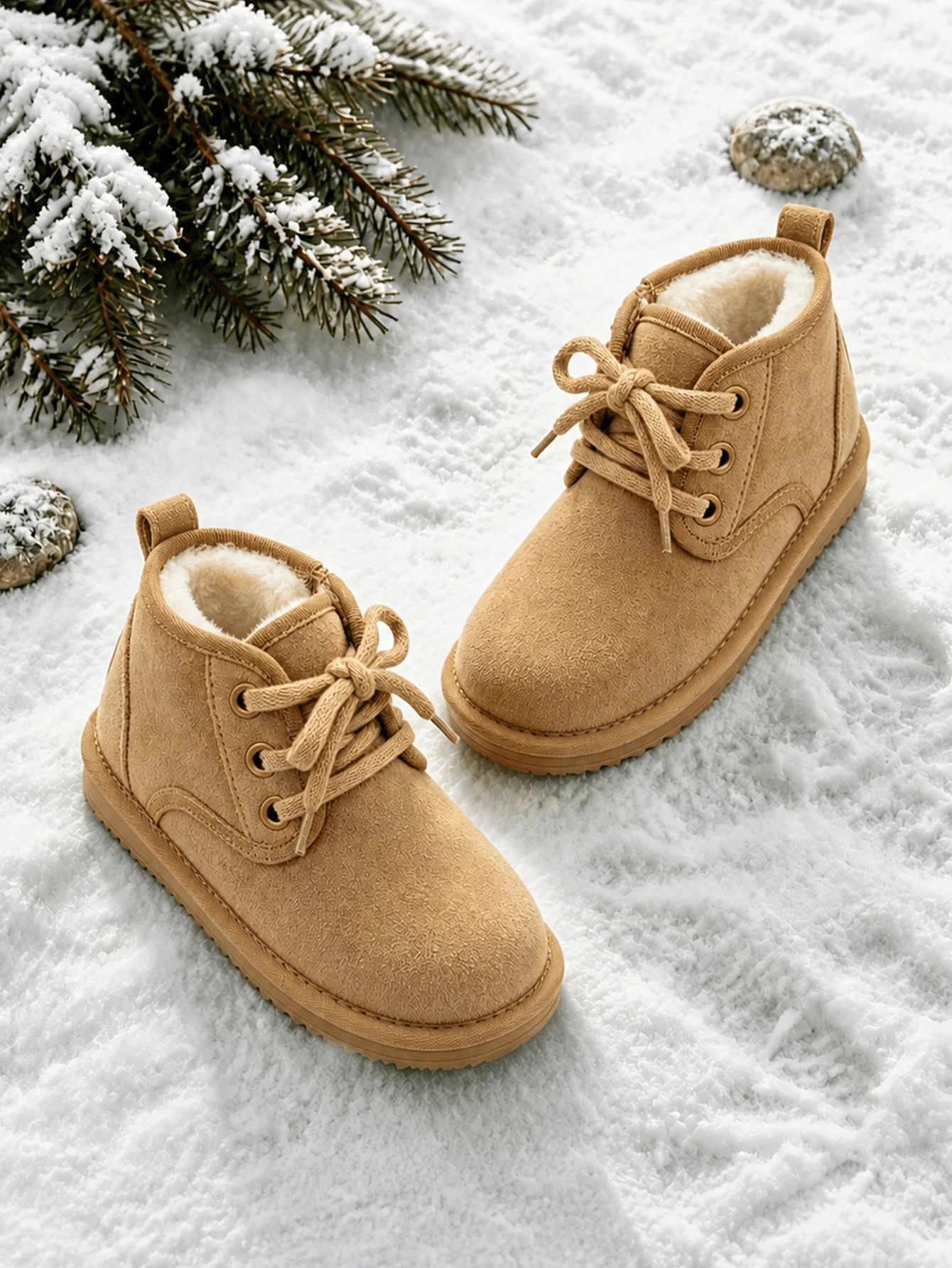 Balabala Children's Lace-Up Snow Boots, Toddler Fleece Lining, Non-Slip Warm Short Ankle Boots, Winter Shoes - Camel - View 1