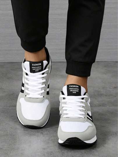 Men & Women Grey‑White Color Block Retro Mesh Sneakers, Breathable Lace‑Up Lightweight Non‑Slip Daily Walking Trainers