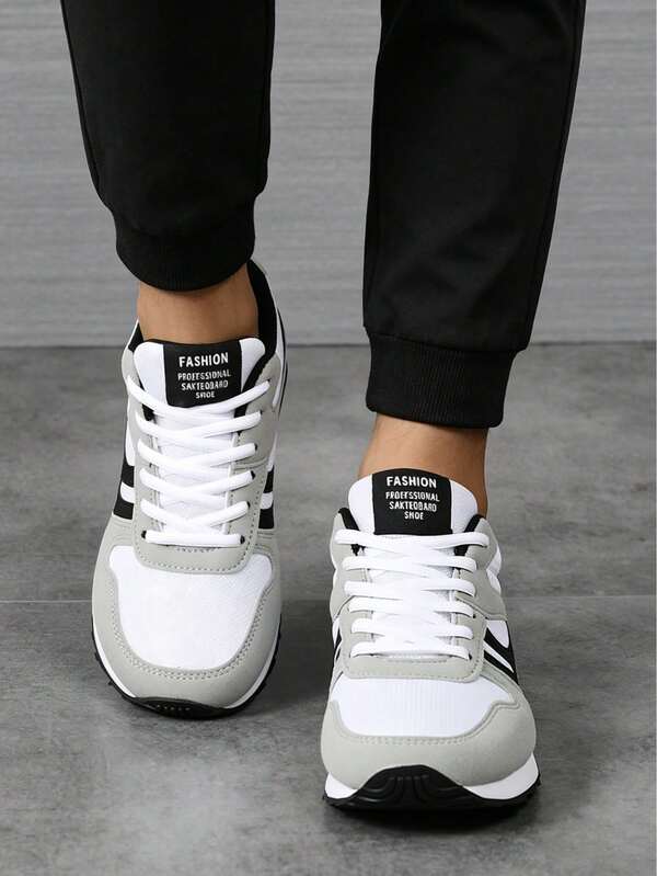 Men & Women Grey‑White Color Block Retro Mesh Sneakers, Breathable Lace‑Up Lightweight Non‑Slip Daily Walking Trainers