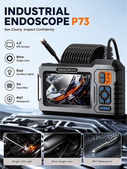 Industrial Endoscope Camera, 4.3-Inch IPS Screen, IP67 Waterproof, 1m/39-Inch Cable, With Magnet, Hook, Side Mirror, Suitable For Pipe Inspection, Car Repair, HVAC, Car Diagnosis, Men's Device