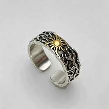 1pc Vintage Distressed Sun Ring, Men's Unique Niche Minimalist Asymmetrical Texture Open Band Ring - Antique Silver - View 6