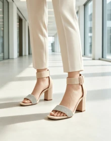 Women Ankle Strap Block Heel Sandals, Rhinestone Open Toe High Heels, Elegant Formal Party Office Dress Shoes - Apricot - View 4