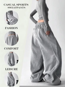 Women's New Spring Autumn Winter Fashion Colorblock Side Stripe Loose Drawstring Straight Leg Wide Leg Casual Jogging Pants For Daily Wear, Dancing, Running - Light Grey - View 3