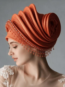 1pc Luxury Shiny Pleated Turban With Bead Fringe, Elegant Wedding Party Head Wrap Hat For Women - Multicolor - View 9