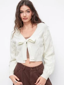 Women's Solid Color Knit Cardigan With Bow Design, Suitable For Wedding, College, Office, Autumn - Off-white - View 6