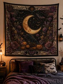 1pc-Halloween Vintage Gothic Polyester Tapestry, Pumpkin Ghost Moon Floral Wall Hanging Backdrop For Bedroom Home Party Decor - A - View 16