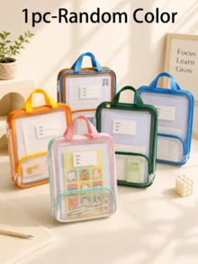 1pc Cute Back To School Transparent File Bag, Solid Color Trim With Label Pocket, Portable Handle Zipper Design, Transparent PVC Multi-Layer Document Storage Bag, Suitable For A4 Paper, Homework And School Supplies, For Students - Multicolor - View 17