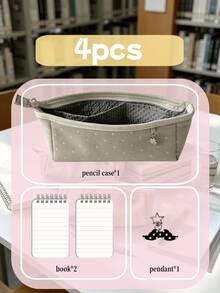 Star Print Canvas Pencil Case Set, Aesthetic Large Capacity Student Stationery Storage Bag. Set Includes 1 Pencil Case, 2 Spiral Notebooks And 1 Cute Charm. - Sets - View 10