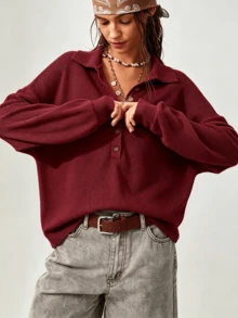 Waffle Knit Polo Collar Henley Top,Drop Shoulder Long Sleeve Button Placket Relaxed Fit Casual Pullover For Spring Fall,Teacher Outfits For Women - Red - View 4
