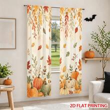 2pcs Digital Printed Curtains, Autumn Harvest Leaves & Pumpkin Watercolor Pattern, Rustic Farmhouse Style Fall Window Curtains - Multi-color - Autumn Leaf Pumpkin - View 8