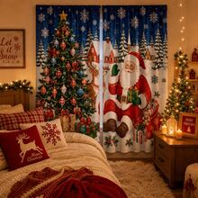 2 Pieces Of Snowscape Village Christmas Printed Semi-Transparent Curtains, Featuring A Magnificent Christmas Tree And A Seated Santa Claus Pattern. Suitable For Christmas Decorations In Living Rooms, Bedrooms And Home Interiors. - Multicolor - View 2