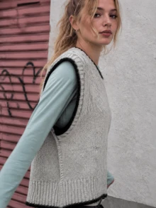 Alicedudu Rompi Sweater Wanita Model Pullover Leher Bulat dengan Desain Trim Kontras untuk Musim Gugur - Light Grey - View 2