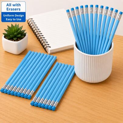 7/14pcs Blue HB Wooden Pencils With Eraser, Triangular Barrel Graphite Writing Pencils, Suitable For Writing, Drawing, Sketching, Office, School And Back To School Stationery