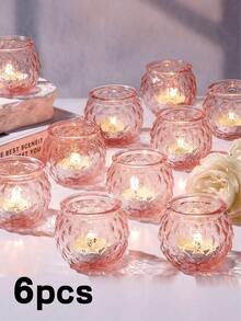 Set Of 6 Pink Glass Candle Holders, Diamond Pattern Design, Suitable For Wedding Table Decor, Halloween Party Decor, Dining Table Decoration, Indoor Home Decor, Family Gatherings, Theme Parties, Wedding Centerpiece Decor, Living Room And Home Tabletop Decoration - Pink - View 9