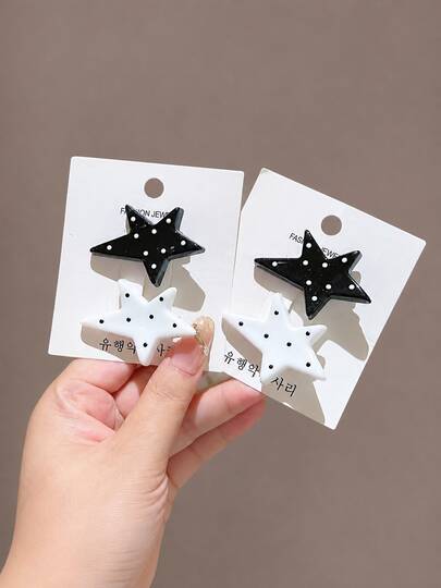 4pcs/2pcs/1pc Women 5cm/1.97in Black & White Polka Dot Star Hair Clips, Y2K Sweet Cool Retro Star Side Clips Bangs Clips, Cute Girl Versatile Hair Accessories, Suitable For Daily Commute, Dating, Party, Travel And Photo Styling