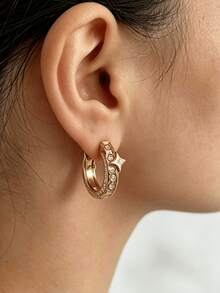1 Pair Fashion 304 Stainless Steel Sparkling Rhinestone Star Decor Hoop 14K Earrings, Suitable For Women's Daily Wear And Party Wear, Elegant Earrings For Women, Stainless Steel Earrings, Women's Denim Accessories - Star - View 4