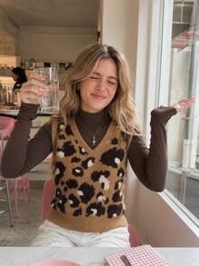 Rompi Pullover Leher V Motif Leopard Berbulu Kasual Musim Gugur Terbaru untuk Wanita - Mocha Brown - View 3