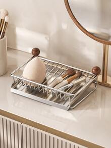 1pc Soap Dish Holder, Stainless Steel And Solid Wood Countertop Organizer With Drain Tray, Multi-Purpose Storage Rack For Bathroom Soap, Kitchen Sponge And Makeup Brush, Space Saving Freestanding Holder For Vanity And Home Organization - Multicolor - View 1