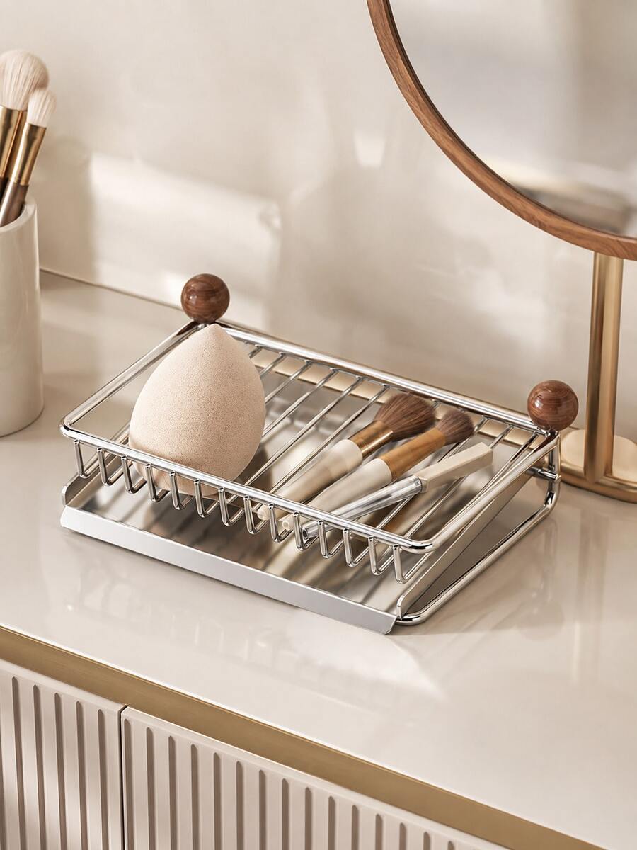 1pc Soap Dish Holder, Stainless Steel And Solid Wood Countertop Organizer With Drain Tray, Multi-Purpose Storage Rack For Bathroom Soap, Kitchen Sponge And Makeup Brush, Space Saving Freestanding Holder For Vanity And Home Organization - Multicolor - View 1
