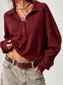 Waffle Knit Polo Collar Henley Top,Drop Shoulder Long Sleeve Button Placket Relaxed Fit Casual Pullover For Spring Fall,Teacher Outfits For Women - Red - View 7