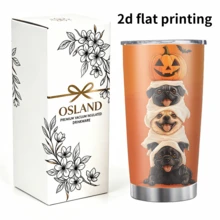 1/5pcs 20oz Stainless Steel Insulated Tumbler, Orange Background Stacked Pug Ghost Pumpkin Bat Halloween Print, Leak‑Proof Sealed Lid, Reusable Insulated Mug For Halloween Party, Holiday Gathering, Short Trip And Household Daily Drinking - Stackable Pug Ghost Pumpkin - View 5