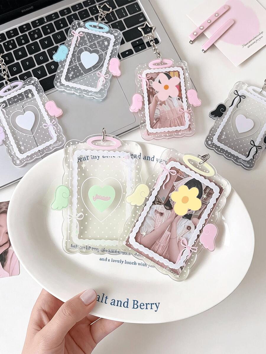 Minimalist Design Heart Transparent Angel Polka Dot 3-Inch Card Holder, Girl Idol Photo Card Storage Pendant With Wavy Lace Bow, Fan Card Protective Sleeve Keychain, Suitable For Student ID, Meal Card, Bus/Metro Card And Access Card, With Bag Charm, Keychain, Wallet And Bank/Credit Card Storage Functions, Made Of Durable Plastic Material, Effectively Protects Idol Cards, Essential For Holidays, Travel And University Life - Multicolor - View 1