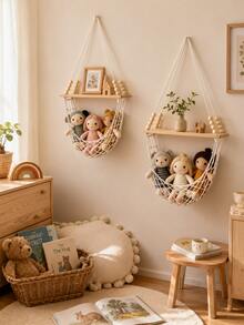 1pc/2pcs Beige Handmade Hanging Shelf, Minimalist Bohemian Style Wall-Mounted Storage Rack, Woven Hammock Design Floating Display Shelf, Multi-Layer Hanging Structure Decorative Storage Rack, Suitable For Living Room, Bedroom, Children's Room, Entryway, Wall Corner, Plant Display, Candle, Photo Frame Storage Decoration, Autumn Thanksgiving, Halloween, Christmas Party Decoration - Beige - View 8