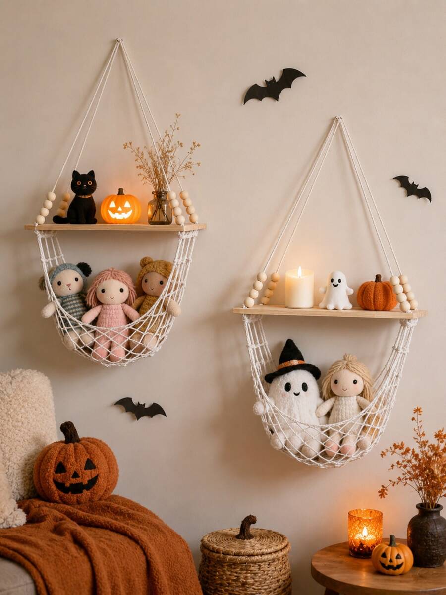 1pc/2pcs Beige Handmade Hanging Shelf, Minimalist Bohemian Style Wall-Mounted Storage Rack, Woven Hammock Design Floating Display Shelf, Multi-Layer Hanging Structure Decorative Storage Rack, Suitable For Living Room, Bedroom, Children's Room, Entryway, Wall Corner, Plant Display, Candle, Photo Frame Storage Decoration, Autumn Thanksgiving, Halloween, Christmas Party Decoration