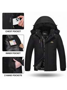 KEFITEVD Winter Jacket Men's Water-Resistant Fleece Jacket Snow Ski Jacket Military Tactical Jacket Coat Parka Hood Raincoat Ski Outfits - Black - View 7