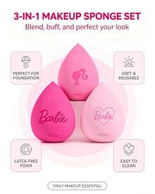Miniso Barbie 3pcs Makeup Sponge Set, Soft Makeup Sponge Suitable For Liquid Foundation And Cream, Multi-Color Water Drop Shaped Makeup Blending Sponge, Suitable For Daily Makeup - Pink - View 4