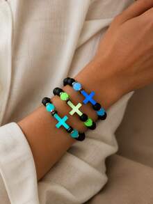 1 Volcanic Stone Luminous Bracelet, Multi Colored Luminous Cross Bead Jewelry, Graduation Season Back To School Season Birthday Gift - Multicolor - View 1