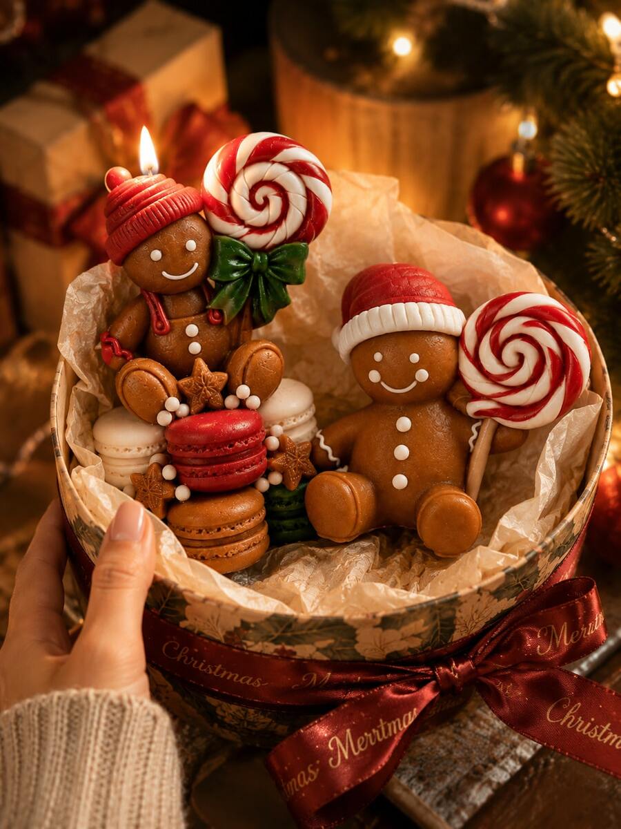 2 Styles Christmas Gingerbread Men Theme Silicone Candle Molds, Molds Replicate Knitted Hat Texture, Layered Lace, Lollipop Spiral Pattern, Details. High-Resilience Silicone, Smooth Demolding For Complex Embossed Parts, Small Edges Resistant To Tearing. Suitable For Pouring Scented Candles, Diffuser Plaster, Epoxy Resin, Handmade Soap. The Two Styles Pair Well For Gift Sets, Creating Holiday Atmosphere Desktop Decor - Gingerbread Man Candle Mold - View 1