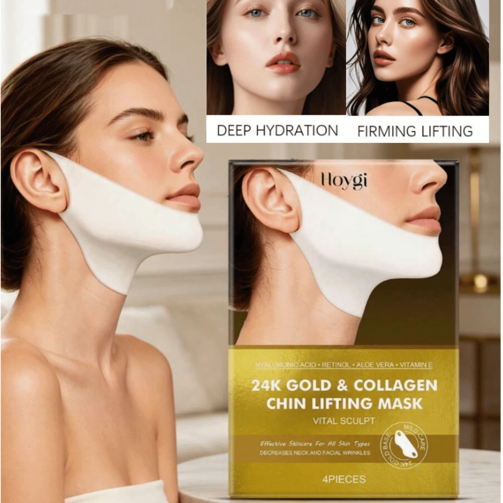 Hoygi Masker Pengencang & Pengangkat Kolagen Emas 24K, Mengencangkan Dagu Ganda dan Kerutan Leher, 1 Kotak 4 Buah - Masker pengencang V-line - View 1