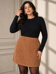 Plus Size Women Solid Color Casual Versatile Daily Wear Skirt - Dark Khaki - View 5