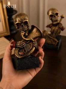 1pc Halloween Skeleton Musician Figurine, 2‑Style Skull Statue Playing French Horn & Cello, Retro Gothic Tabletop Ornament, Spooky Home Decor For Halloween Party Shelf Decoration - Halloween Skull Decor - View 2