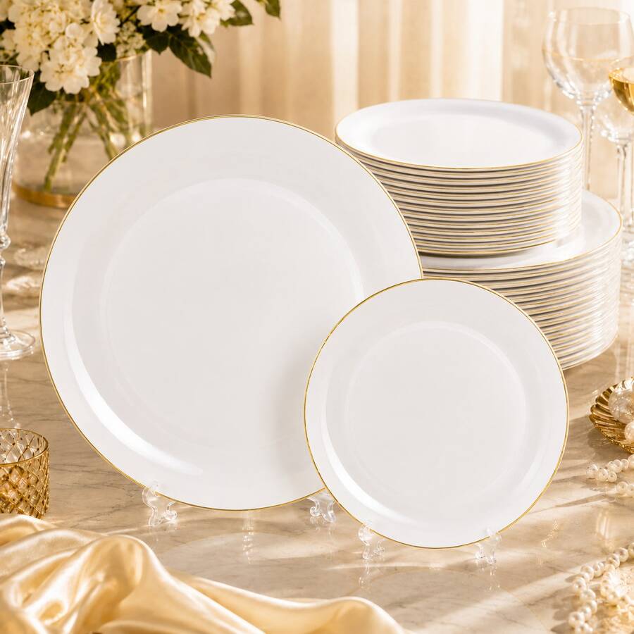 50/25pcs White Gold Rim Dinnerware Set, Includes 10.25" And 7.5" Salad Plates, Suitable For Restaurant, Wedding, Outdoor, Easter, Graduation Party, Brunch, Backyard Dining, Mother's Day And More, Ideal For Kitchen