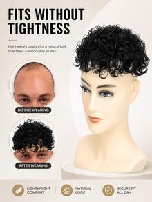 6 Inch Men's Water Wave Human Hair Wig, African Curly Texture, Machine-Made Mesh Base, Breathable Comfortable Real Hair, Natural Short Hair Style, Glue-Free Comfortable Daily Fashion Wig - Natural Black - View 4