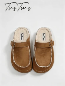 Women's New Winter Boken Ultra-Light Fleece Lined Half-Slip Thick Sole Loafers, Casual Retro Forest Punk Style, Essential For Dating And Vacation - Brown - View 4