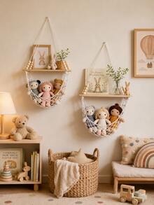 1pc/2pcs Beige Handmade Hanging Shelf, Minimalist Bohemian Style Wall-Mounted Storage Rack, Woven Hammock Design Floating Display Shelf, Multi-Layer Hanging Structure Decorative Storage Rack, Suitable For Living Room, Bedroom, Children's Room, Entryway, Wall Corner, Plant Display, Candle, Photo Frame Storage Decoration, Autumn Thanksgiving, Halloween, Christmas Party Decoration - Beige - View 6