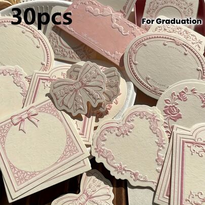 30 piezas de exquisitas tarjetas de notas con borde de encaje rosa, tarjetas de felicitación muy atractivas, tarjetas de mensajes, suministros de diario de papel sintético para escribir a mano, materiales de scrapbooking, adecuadas para la temporada de regreso a la escuela, temporada de graduación, tarjetas de agradecimiento